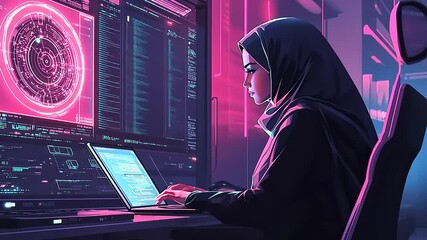 Female hacker working intently at a futuristic computer setup, surrounded by glowing screens and data