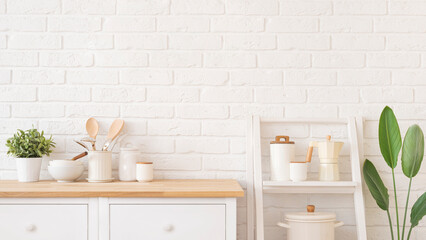Wall Mural - utensils, containers and bowls on wooden kitchen cabinet surface and shelf over white brick wall bac