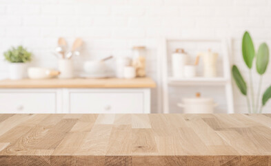 Wall Mural - wooden table surface for presentation on blurred kitchen room interior background