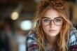 © tukang - Portrait of a Woman Wearing Glasses and a Plaid Shirt Indoors