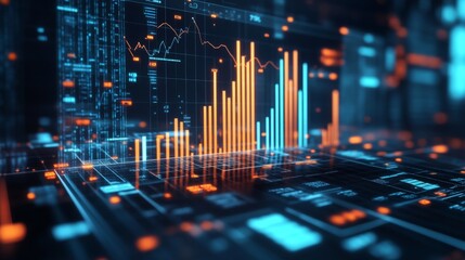 Fototapete - A D bar graph representing financial data growth, set against a dark background with a digital interface and various financial symbols around it.