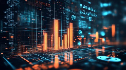 Fototapete - A D bar graph representing financial data growth, set against a dark background with a digital interface and various financial symbols around it.