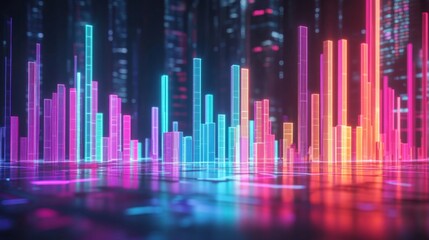 Aufkleber - A D bar chart in vibrant colors representing financial growth, with glowing data points and a futuristic digital background in a business setting.