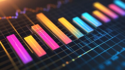 Poster - A D bar graph with bright, metallic bars showing financial data in a minimalist setting, with a modern, sleek digital interface in the background.
