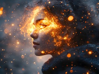 Poster - surreal portrait of galaxy haired person with glowing starry eyes blending into cosmic night sky