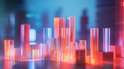 Leinwandbilder - A futuristic D bar chart with illuminated bars in various heights, highlighting business growth data in a digital finance environment.