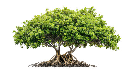 Lush green mangrove tree with exposed roots on transparent background