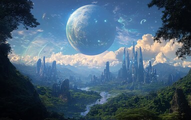 Futuristic city nestled in a lush valley, dominated by a giant, ethereal planet in the sky.  A breathtaking fantasy landscape.