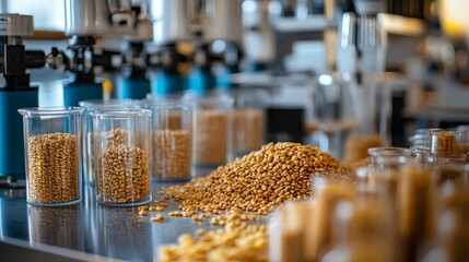 Wall Mural - cereal grains are carefully prepared in a high-tech lab, featuring precision tools and organized sam
