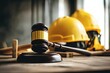 © kuda - Vibrant Picture of Judge Gavel,Safety Helmet and Working Tools Construction Law