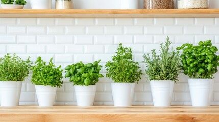 aromatic herbs: an inviting assortment of potted herbs, arrayed on a wooden shelf against a backdrop