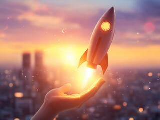 Wall Mural - a person holds a small rocket in their hand, suitable for illustration on space or science theme