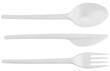 © gangster9686 - Disposable plastic cutlery: spoon, knife, fork isolated on a transparent background. Completely in focus. Full depth of field. Top view. PNG.