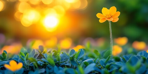 Wall Mural - A vibrant yellow flower standing tall amidst green foliage, illuminated by the warm glow of the setting sun.
