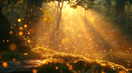 Wall Mural - Enchanting forest scene illuminated by golden sunlight, creating a dreamy atmosphere filled with floating particles.