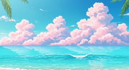 Wall Mural - tranquil seascape with pink clouds - serene beach scene, anime , pink clouds, turquoise water, peace