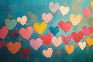 Leinwandbilder - Colorful hearts fill a vibrant blue canvas creating a playful and cheerful atmosphere in an artistic composition