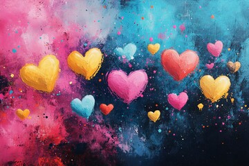 Aufkleber - Colorful hearts floating in a vibrant abstract background with splashes of paint