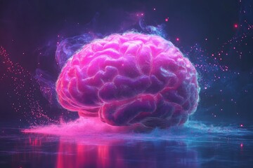 Poster - Vibrant neon brain illustration with colorful light effects in a dark space setting