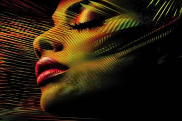 Aufkleber - Vibrant portrait of a woman showcasing artistic light patterns and bold colors during a creative photoshoot