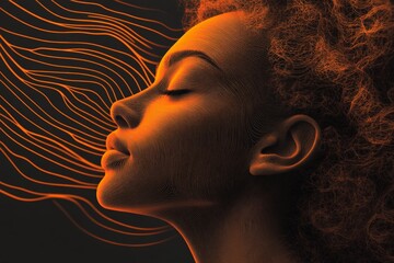 Aufkleber - Woman with curly hair in profile surrounded by flowing orange lines representing creativity and inspiration