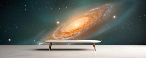 Leinwandbilder - sleek wooden bench sits in minimalist room with stunning galaxy backdrop, featuring swirling stars and nebulae. cosmic scene adds sense of wonder and tranquility to modern design