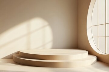Poster - Minimalist interior space with smooth circular platforms and a large window showcasing natural light
