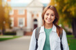 © EdNurg - Portrait of a beautiful smiling student with curly blonde hair, wearing eyeglasses and backpack, posing in a university campus