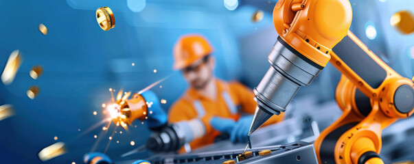 Leinwandbilder - high tech robotic arm operates in modern manufacturing facility, with worker in background wearing safety gear. scene is dynamic, showcasing precision and innovation in industrial automation