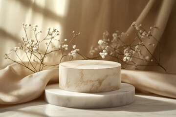 Leinwandbilder - Elegant marble display with delicate flowers arranged on soft fabric in warm natural light