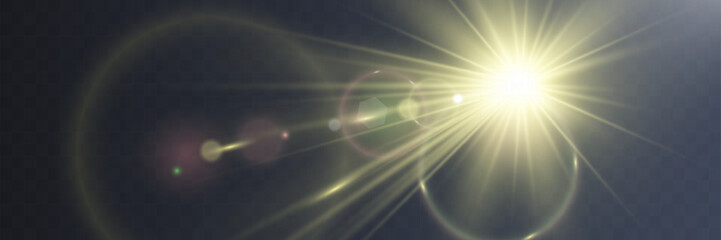 Wall Mural - bright white light explosion with lens flare, rainbow reflections, and sparkles on transparent backg