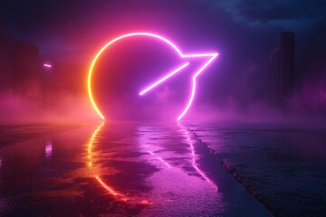 Aufkleber - Bright neon circle with arrow reflecting on wet ground during night under moody skies