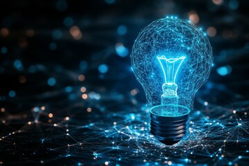 Leinwandbilder - Innovative light bulb design featuring glowing connections in a digital landscape at night