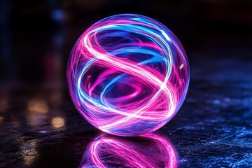 Poster - Colorful light trails swirl within a glass sphere on a reflective surface in dim lighting