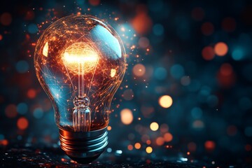 Fototapete - Brightly glowing light bulb showcasing intricate patterns in a darkened environment during nighttime