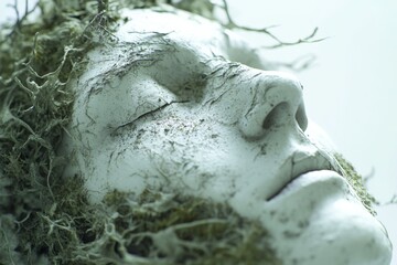Poster - Captivating sculpture of a serene face adorned with moss and greenery on a light background