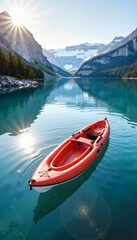 Naklejka na meble Vibrant red kayak floating on clear mountain lake, adventure travel