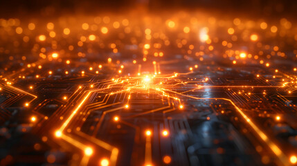 Wall Mural - orange circuit board glowing lines, futuristic network design for innovation themes