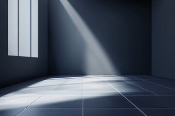 Leinwandbilder - Bright sunlight filtering through window into empty room with gray walls and tiled floor during daylight hours