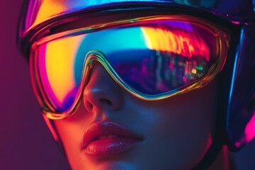 Poster - Vibrant reflections in colorful ski goggles worn by a model in a neon-lit environment