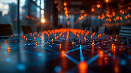 Wall Mural - Network Connection Orange Blue Glowing Nodes, Futuristic Digital Art for Modern Technology