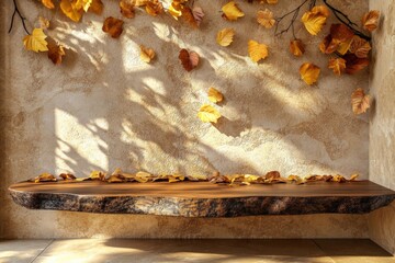 Leinwandbilder - Autumn leaves scattered on a wooden shelf in a serene indoor setting with warm, natural light