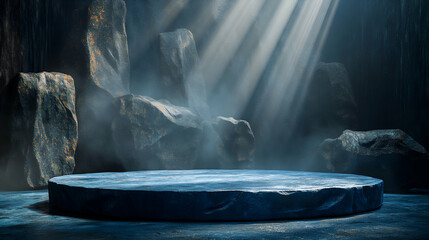 Wall Mural - dark blue stone podium mysterious cave background, dramatic light rays for product display