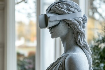 Aufkleber - Classical statue wearing virtual reality headset in modern environment merges past and future in artistic expression