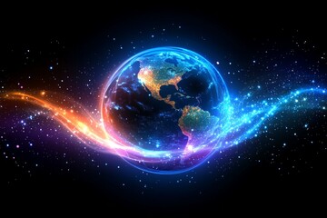 Poster - Vibrant depiction of Earth amidst swirling cosmic light in a dark universe