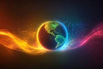 Fototapete - Colorful representation of the Earth surrounded by vibrant waves in a cosmic atmosphere