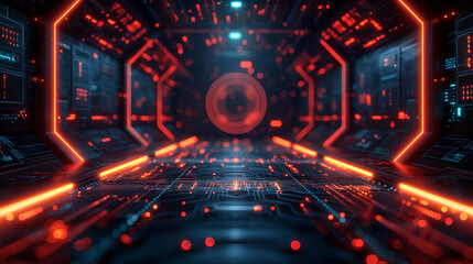 Wall Mural - Red Neon Corridor Sci-Fi Tunnel, Futuristic Digital Art for Virtual Reality Themes