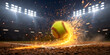 © PulseImages - Softball field night game with glowing yellow ball flying under stadium lights