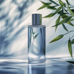 Aufkleber - Elegant Clear Glass Perfume Bottle with Bamboo Accents, Minimalist Design on a Soft Light and Shadow Background.