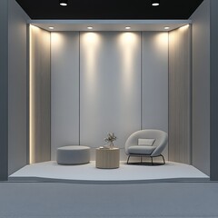 Poster - Elegant Gray Interior: Comfortable Seating Area with Soft Lighting, Modern Design, and Textured Walls